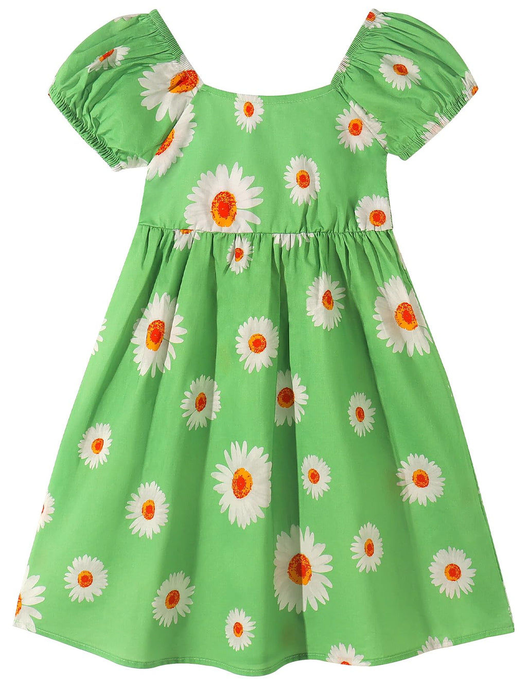 Noomelfish Girls Short Sleeve Floral Dress Casual Flower Printed Smocked Dresses Green Daisy Size 2T