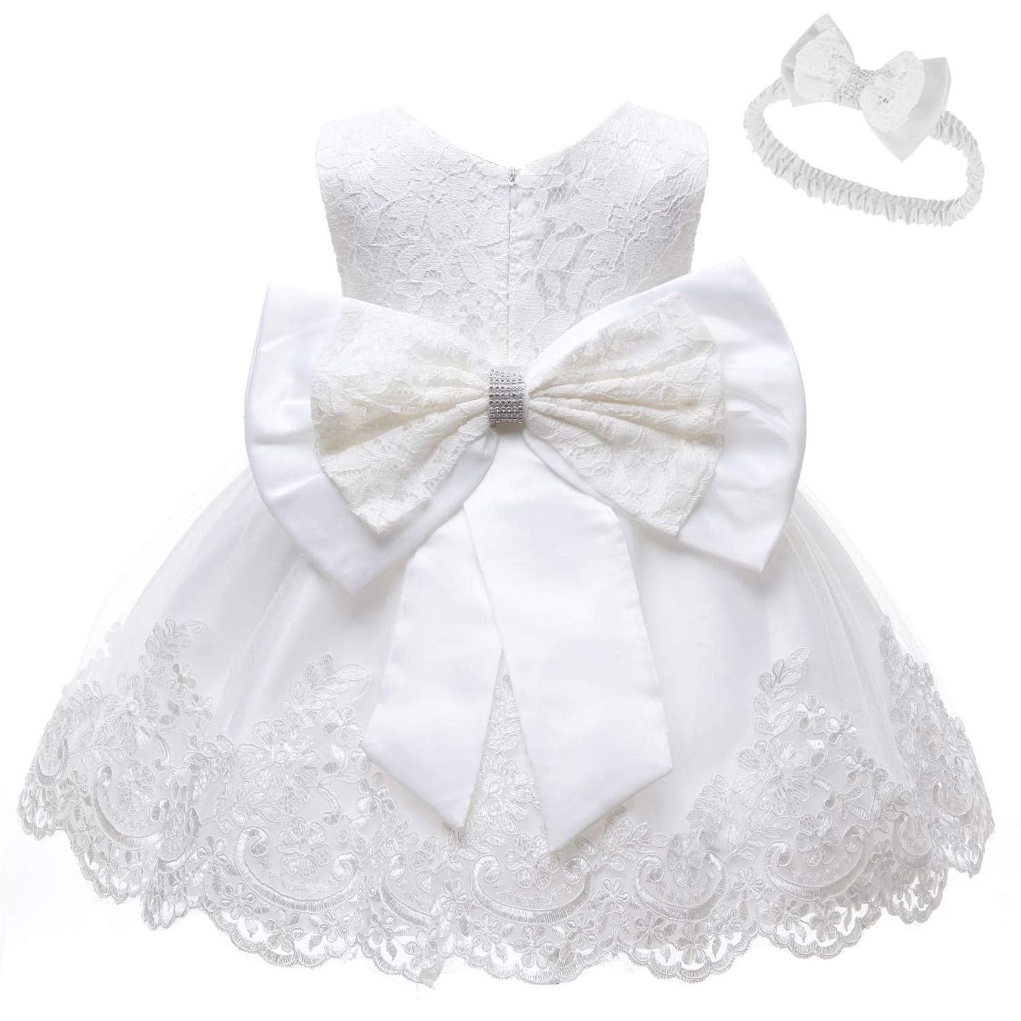 Baby Girls Pageant Lace Dresses Toddler Birthday Party Embroidery Easter Dress with Headwear (White3M)