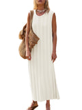 Fisoew Womens Summer Sleeveless Maxi Dress Scoop Neck Ribbed Knit Tank Top Dresses White