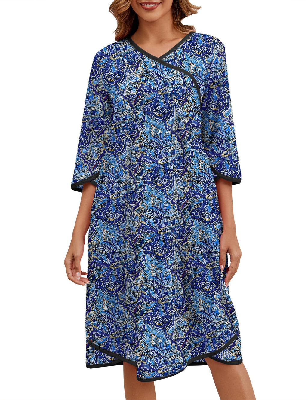 Becotal Nightgowns for Women Floral Print 3/4 Long Sleeve House Dresses for Women with Pockets Moo Moos for Women Mumu Moomoo Dresses for Women Maternity Cotton Nightgown