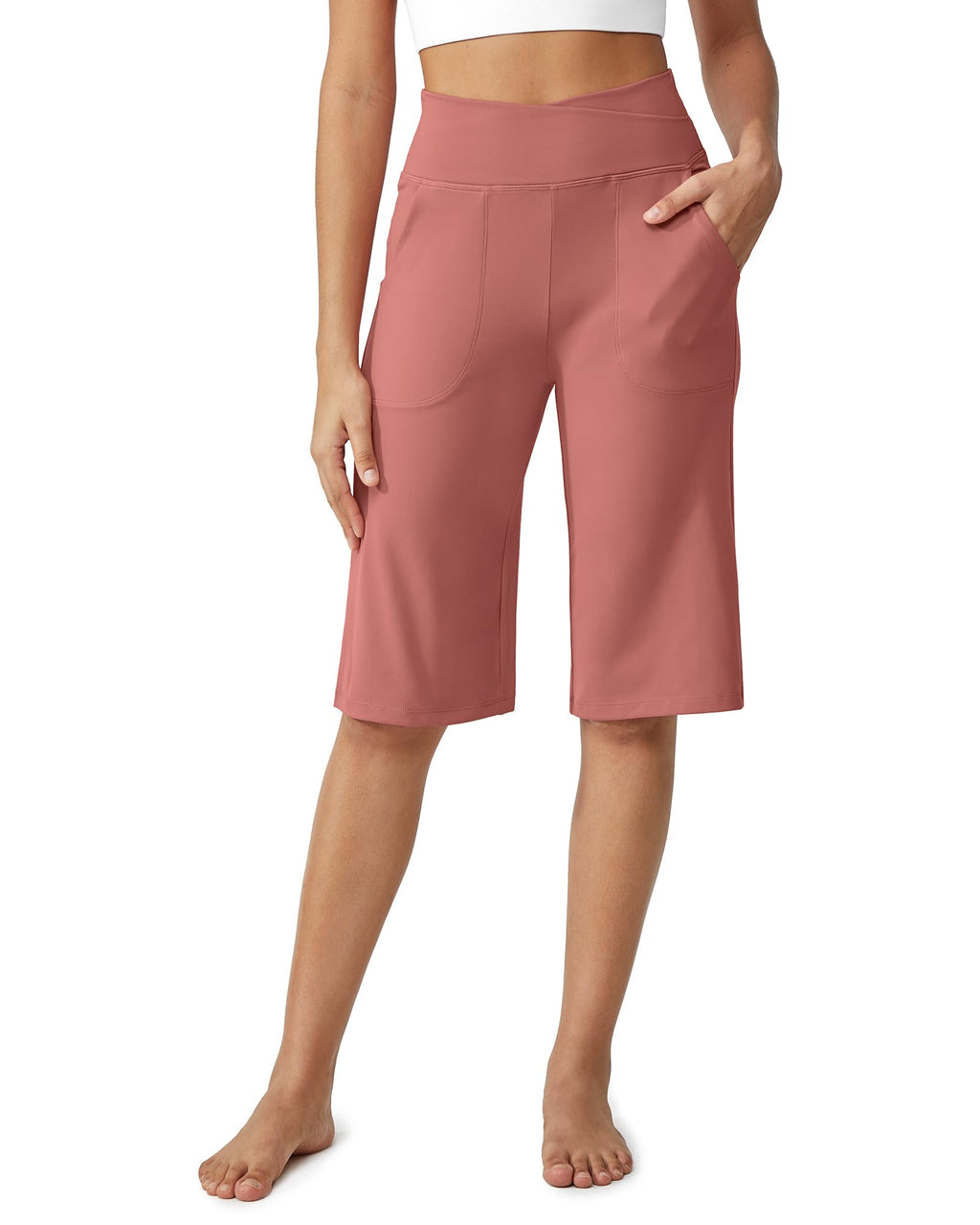 G4Free Wide Leg Pants Woman Yoga Capris Cross Waist Cropped Pants Loose Workout Casual Lounge Crop Pants with Pockets(CameoM14")