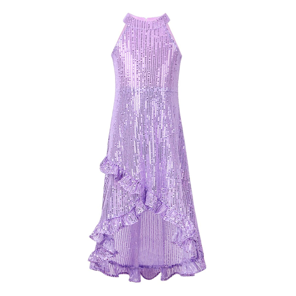 WELAKEN Girls Sequin Dress for Kids Sparkly Halter Neck Sleeveless Casual Party Wedding Twirl Dresses Purple