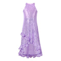 WELAKEN Girls Sequin Dress for Kids Sparkly Halter Neck Sleeveless Casual Party Wedding Twirl Dresses Purple
