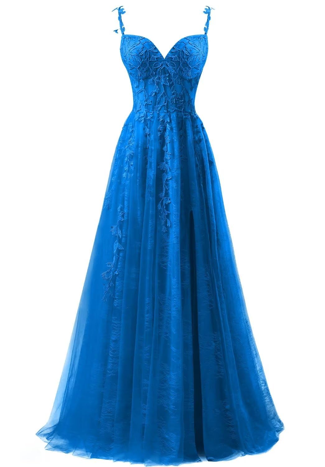 YUAOHUANG Blue Tulle Lace Prom Dresses for Women Long 2025 Ball Gown Slit Lace Appliques Spaghetti Straps Prom Dresses Long Tulle Lace Formal Evening Gown Fairy Tale Prom Dress US6