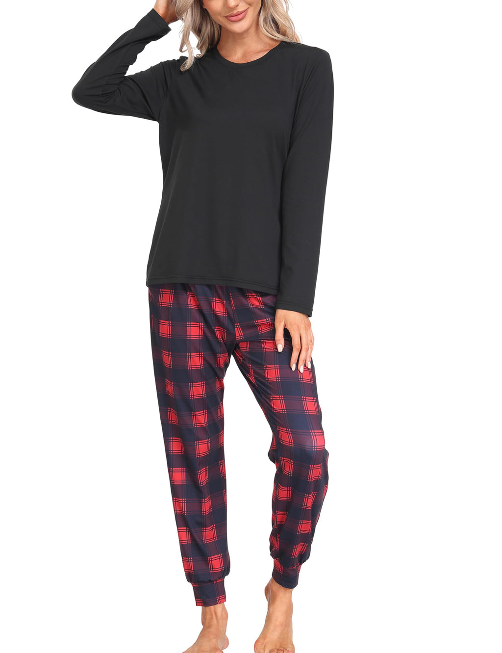 MoFiz Woman Pajama Set Comfy Sleepwear Nightwear 2 Piece Pjs Long Sleeve Pajama Set Lounge Set with Plaid Pants Black S