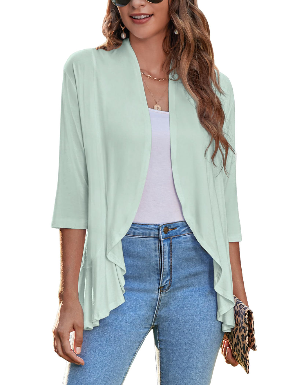 Zeagoo Womens Summer Lightweight 3/4 Sleeve Cardigan Open Front Shrug for Dresses Mint Green
