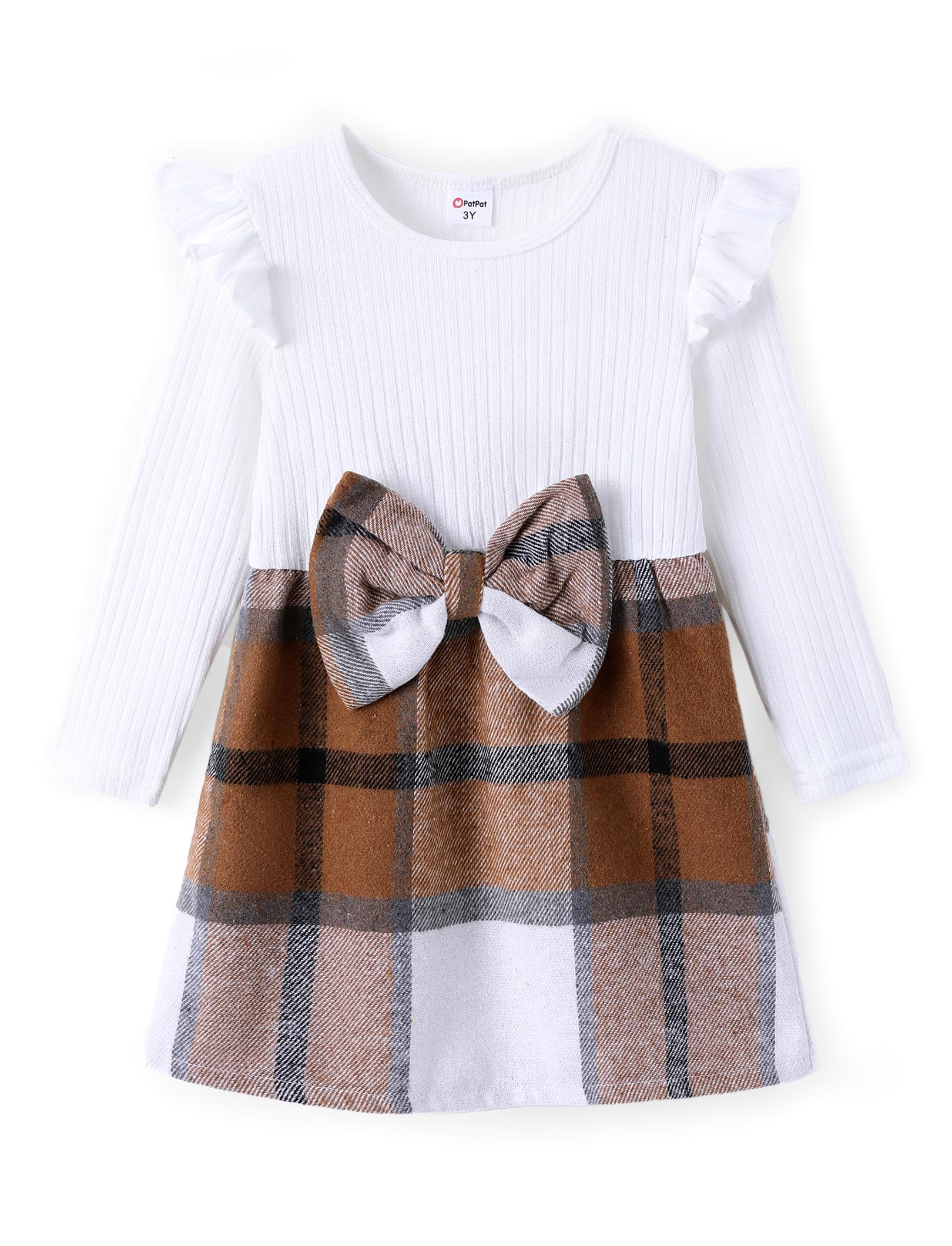 PATPAT Girls Long Sleeve Plaid Dress Ruffle Sleeve Preppy Dresses White Brown 2 Years