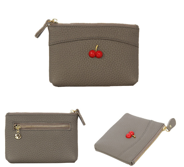 Cherry Leather Coin Purse with Zipper for Ladies
