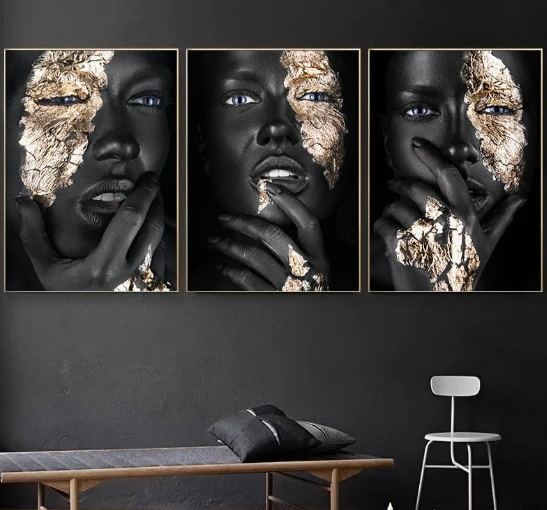 Frameless African Art Black and Gold Woman Canvas Set