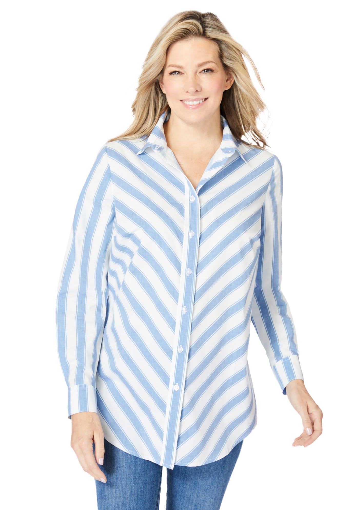 Woman Within Womens Plus Size Perfect Long Sleeve Shirt - 5X Blue Coast Mitered Stripe