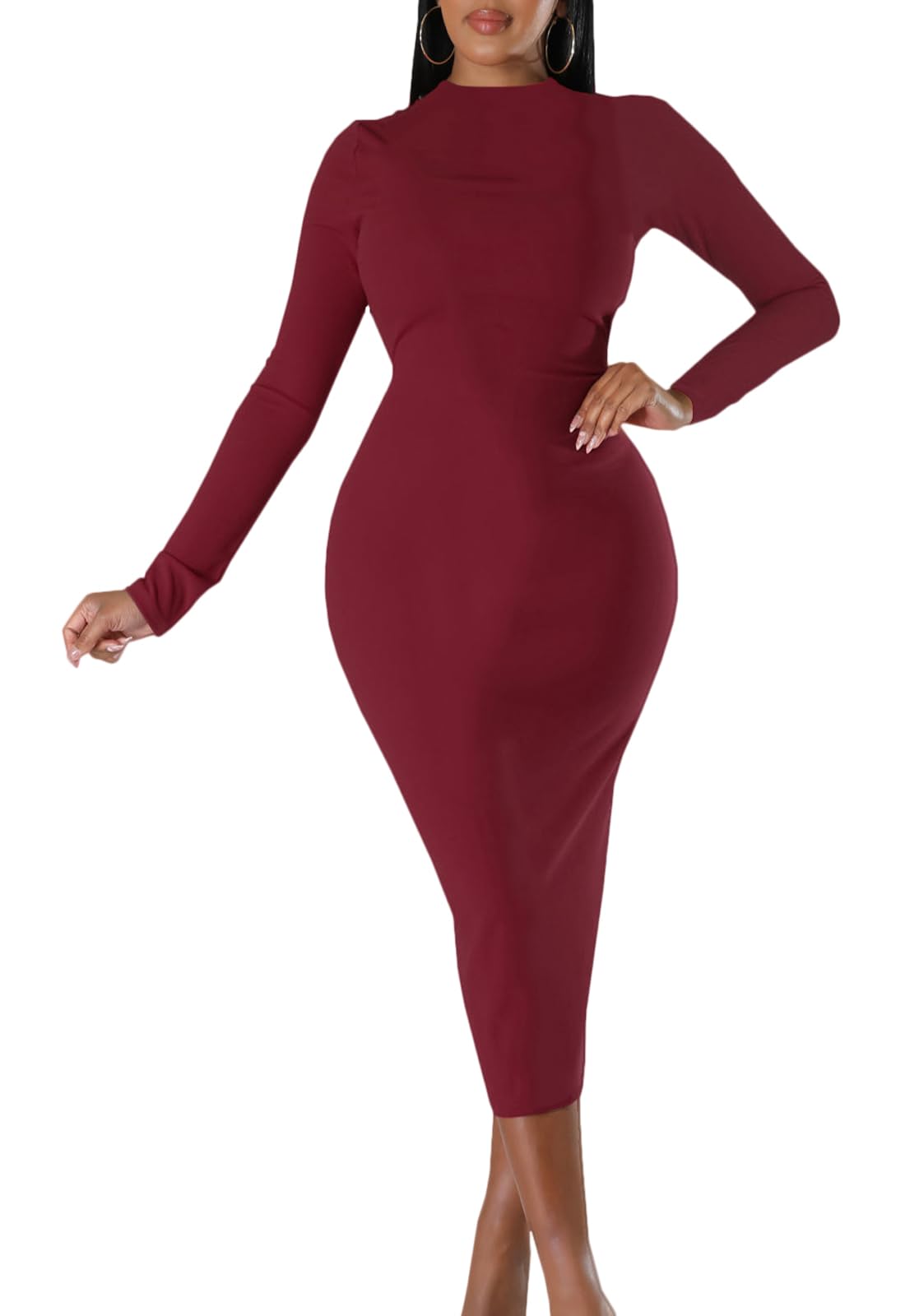 JerXox Womens Sexy Bodycon Midi Dress Long Sleeve Zipper Stretchy Printed Party Dresses Wine Red