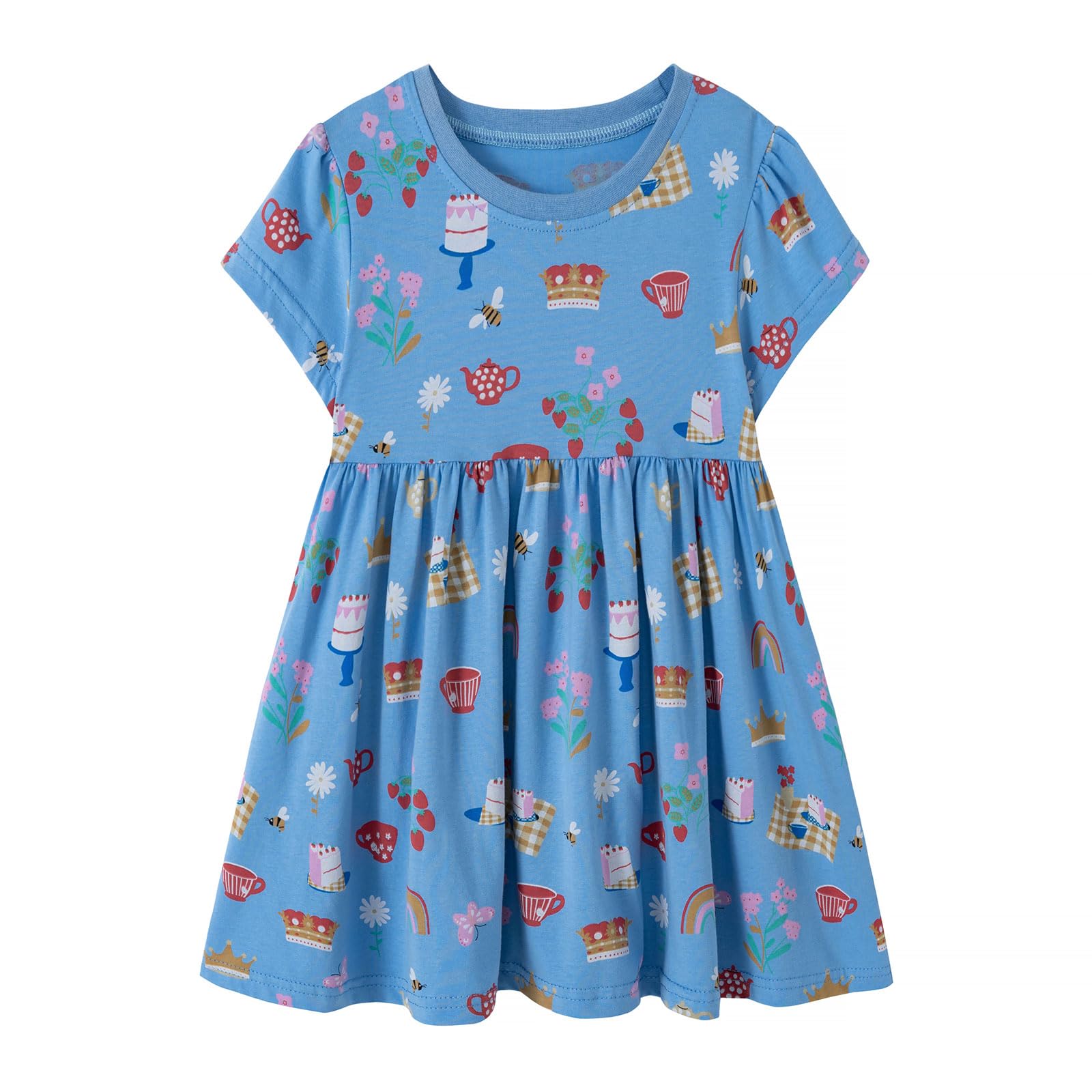 JWWN Little Girls Short Sleeve Casual Dress Kids Cotton Kneelength Playwear Dresses (Blue7Years)