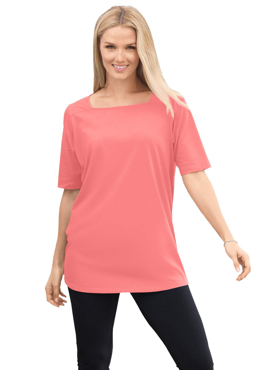 Woman Within Womens Plus Size Perfect Elbow-Sleeve Square-Neck Tee - M Sweet Coral