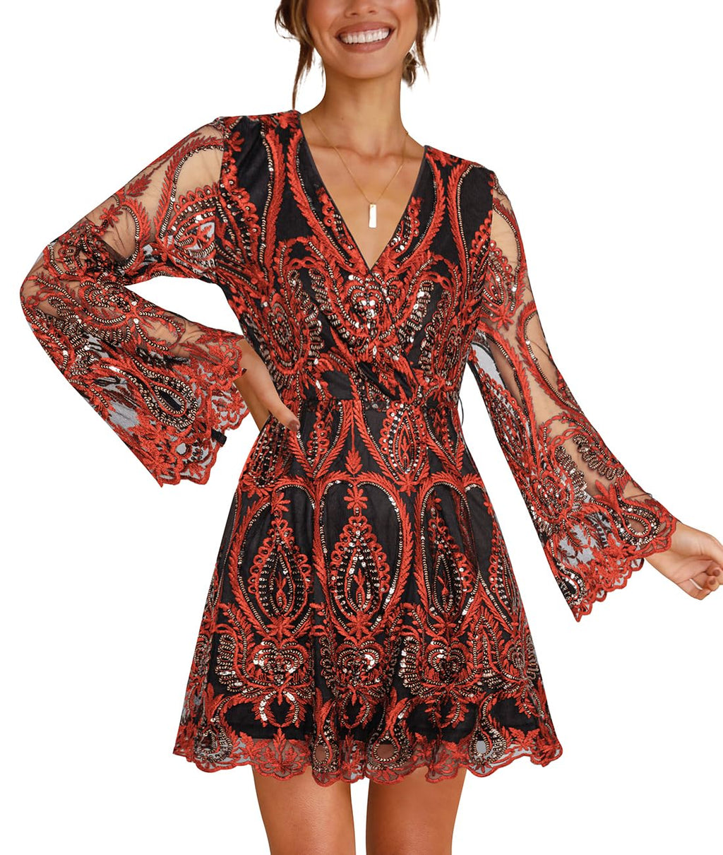 Womens Night Out Dresses Long Sleeve Deep V Neck Embroidered Sequin Party Dress Red M