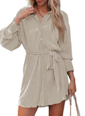 Dokotoo Womens Business Casual Dresses Maternity Collared V Neck Long Sleeve Button Down Up Flowy Pleated Swing Ribbed Satin Tunic Mini Homecoming Spring Clothes Shirt Dresses with Belt Apricot XS