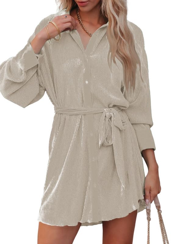 Dokotoo Womens Business Casual Dresses Maternity Collared V Neck Long Sleeve Button Down Up Flowy Pleated Swing Ribbed Satin Tunic Mini Homecoming Spring Clothes Shirt Dresses with Belt Apricot XS