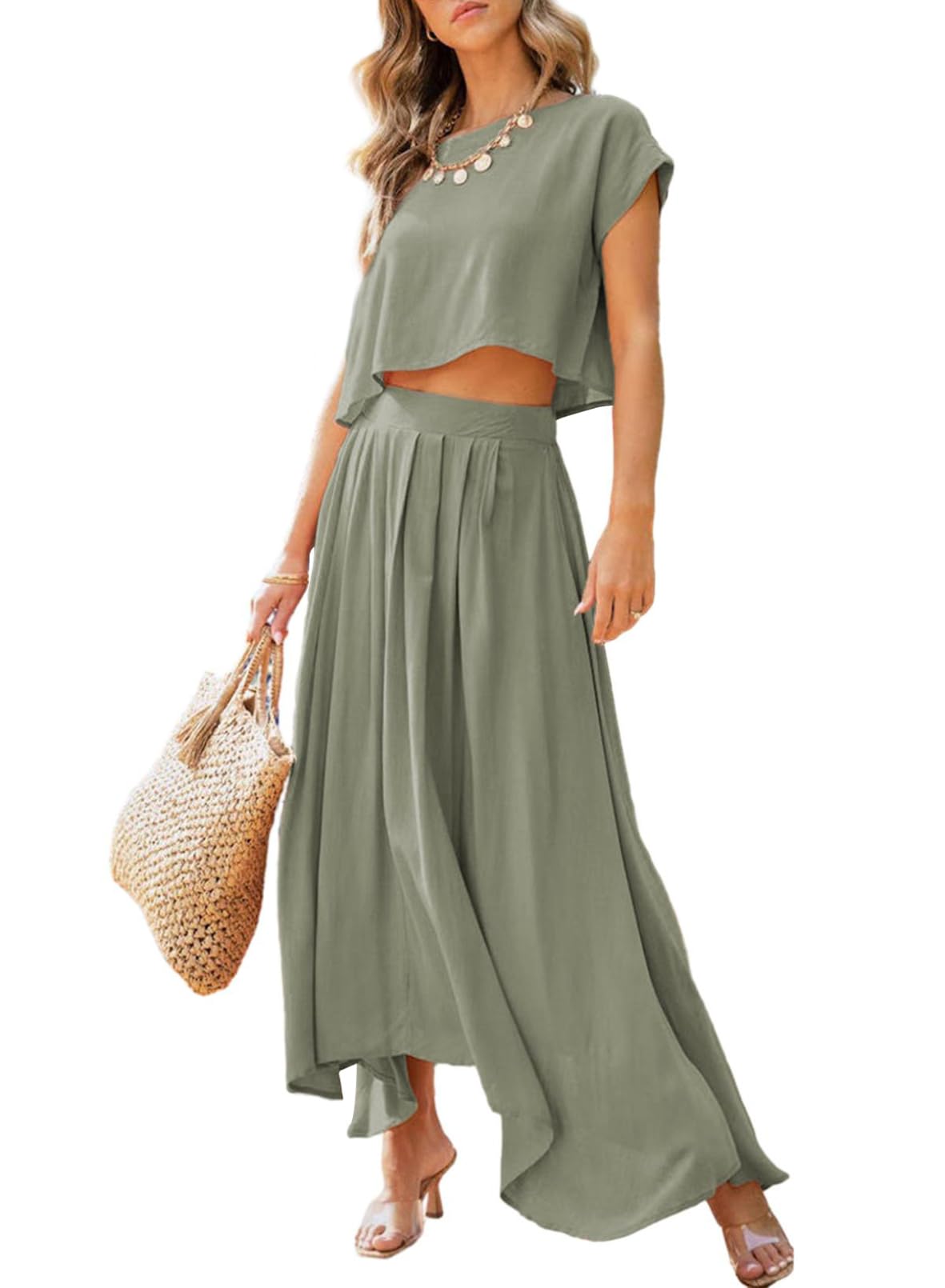Dokotoo Womens 2 Piece Outfits Casual Solid Dress Short Sleeve Crewneck Shirt Top and Elastic Waist Maxi Skirt Sets Cute Summer Dresses for Women 2024 Wedding Guest Dresses Khaki Green X-Large