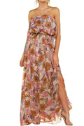 Dokotoo Women Strapless Dress High Waist Side Split Flowy Sexy Dresses Summer Boho Floral Print Maxi Dress Off The Shoulder Wedding Guest Dresses for Women