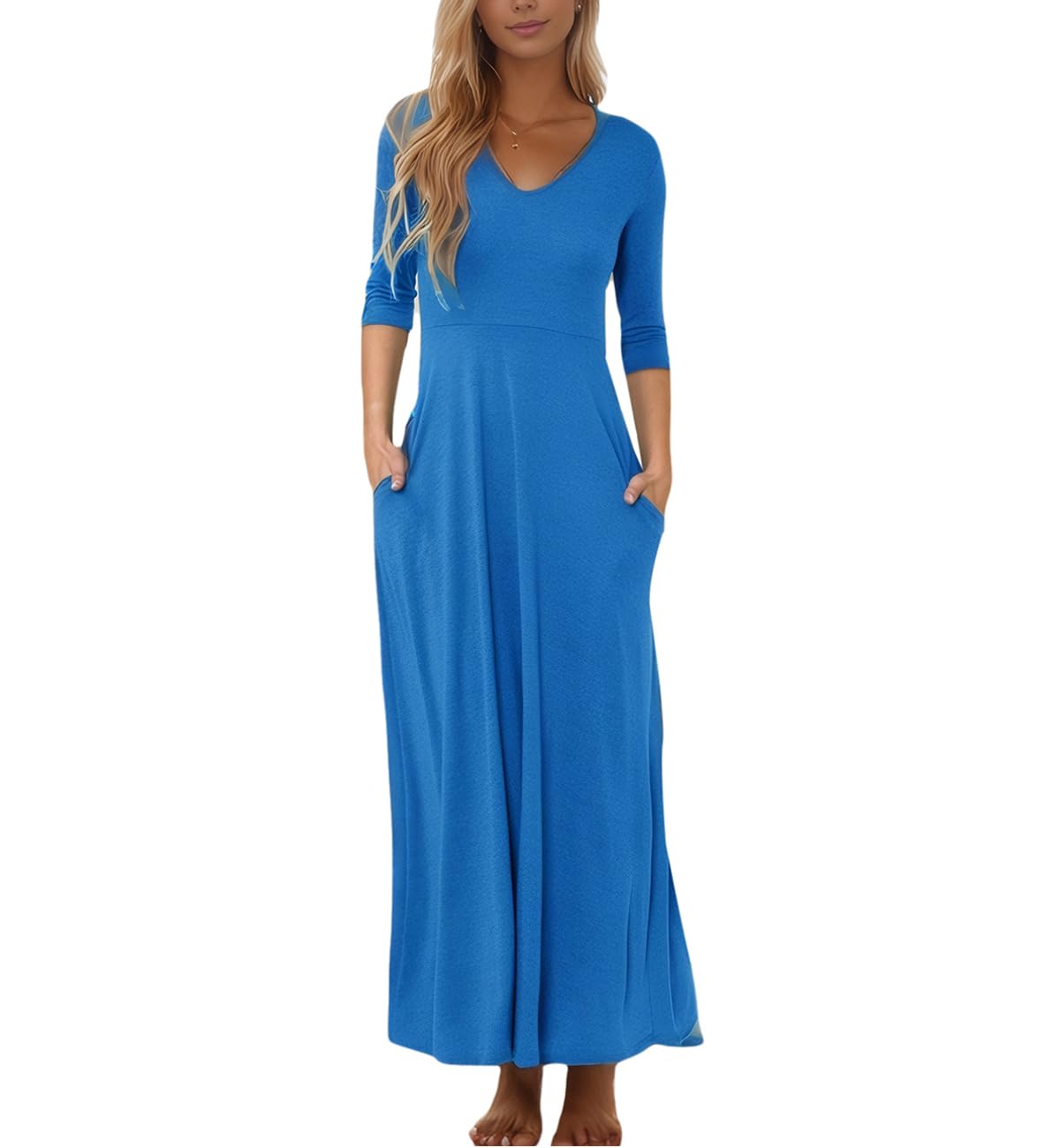 LUXVEER Maxi Dress for Women Casual Loose Beach Dresses with Pockets for 2024 Blue