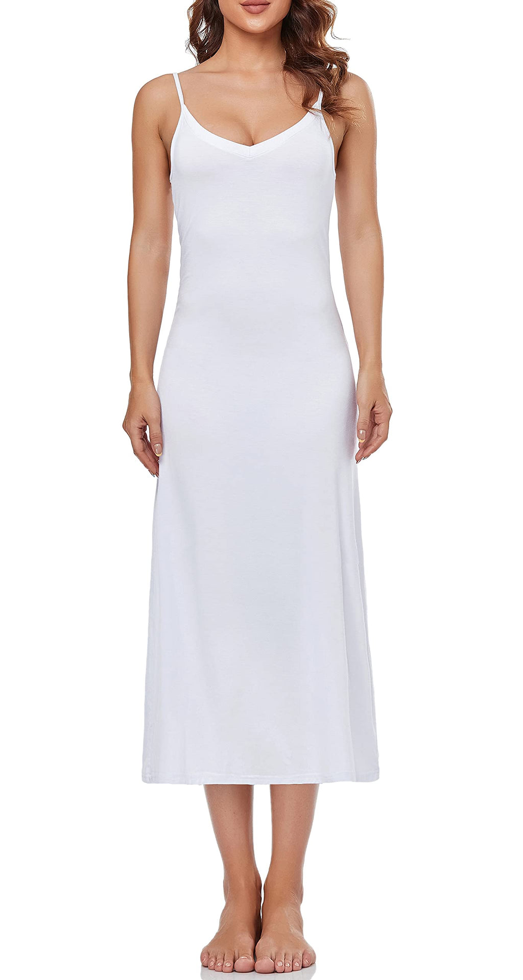 Summienlink Womens Long Full Slip for Under Dresses V Neck Nightgown Sexy Cami Dress (White XX-Large)