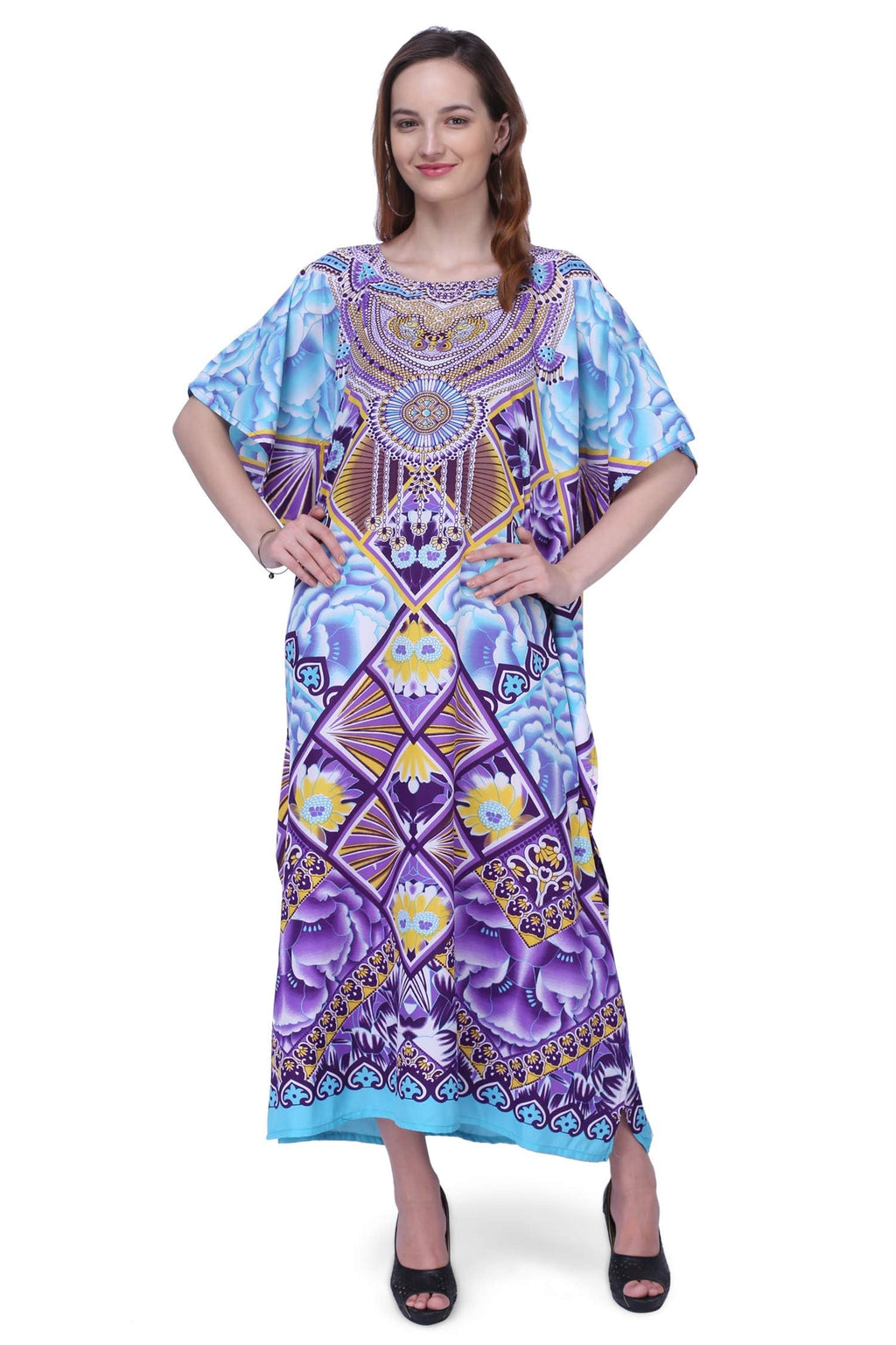Miss Lavish London Elegant Purple Kaftan Dresses for Women - Versatile Beach Coverups Plus Size African Dubai & Moroccan Kaftans - Ideal for Loungewear & Swimwear Modern Caftans Long Dresses Large