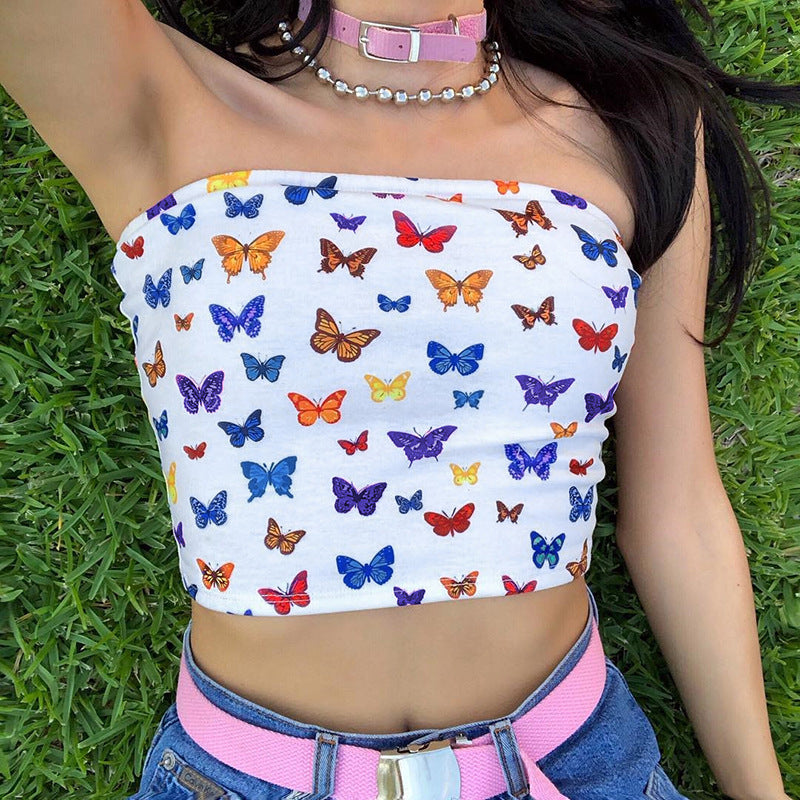 Butterfly Print Slimming Sexy Strapless Top