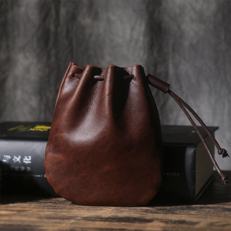 Handcrafted Crazy Horse Leather Coin Purse with Drawstring