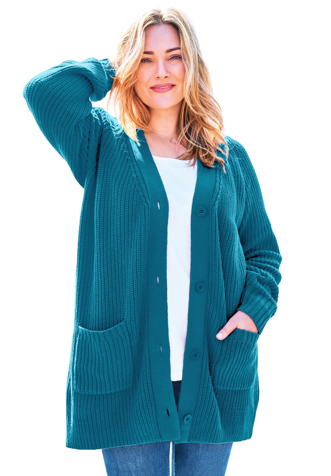 Woman Within Womens Plus Size Button-Front Shaker Cardigan - 3X Deep Teal