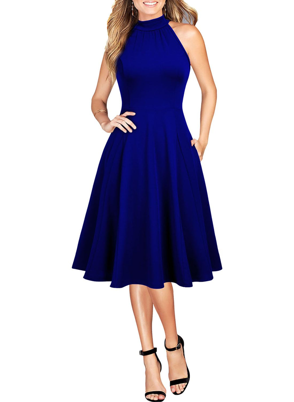 WOOSEA Womens Sleeveless Halter Neck Bodycon A-Line Cocktail Party Pockets Swing Dresses Royal Blue