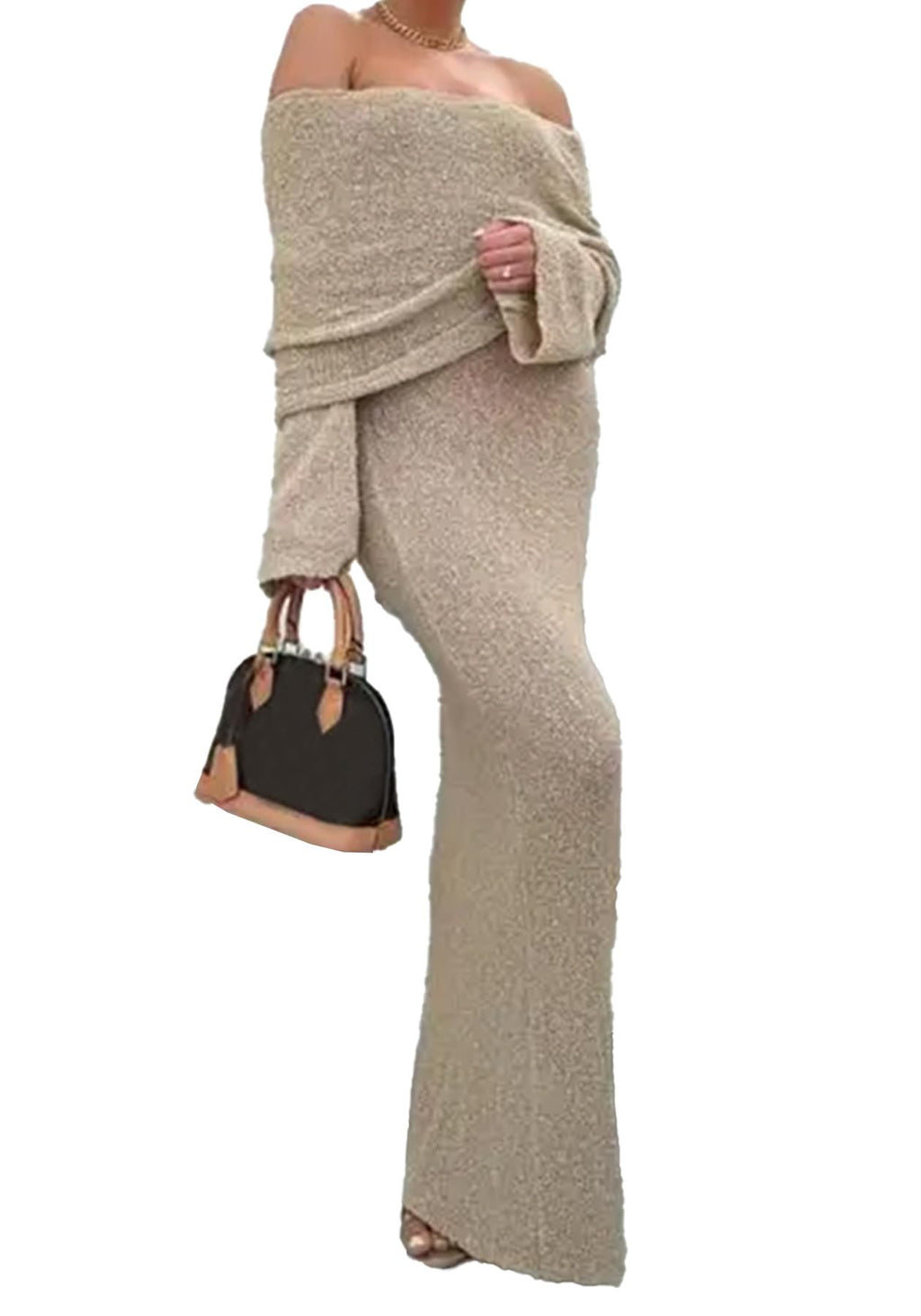 NRTHYE Womens Knit Off Shoulder Crochet Maxi Dress Sexy Mesh Long Sleeve Bodycon Vacation Party Dresses