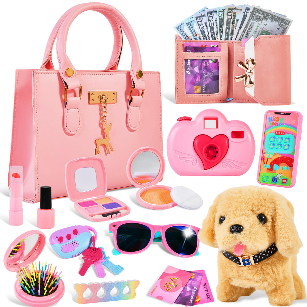 Toddler Purse for Girls Toys Play Purse for Little Girls with Pretend Makeup Handbag Phone Wallet Camera Dog Kids Purse Birthday Gift for Girls 345678 Year Old