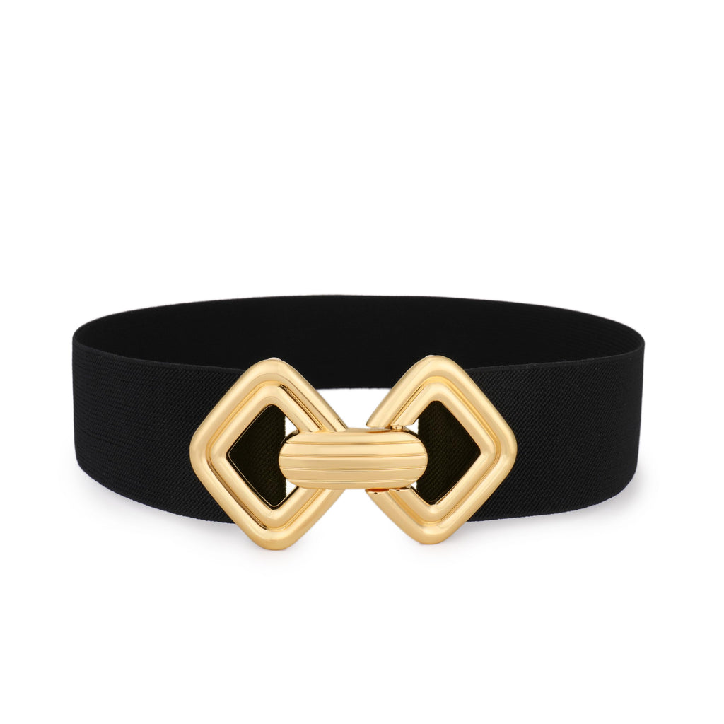 VONMELLI Women Wide Elastic Belt Vintage Stretchy Waistband with Retro Gold Buckle for Dresses Black S