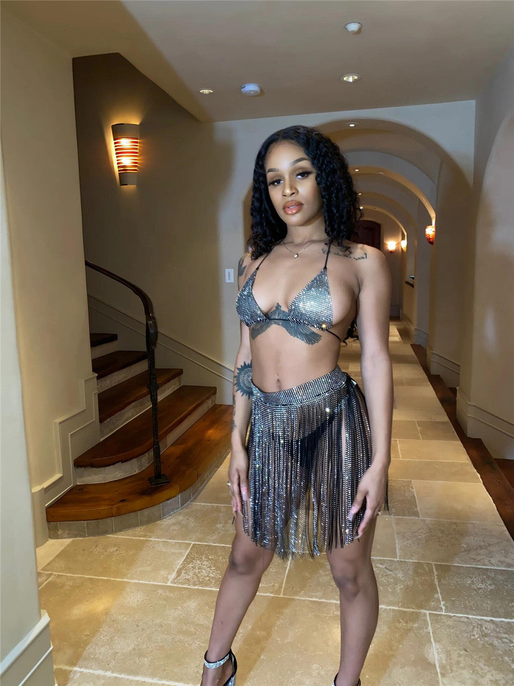 Sexy Rhinestone Strappy Patchwork Women's Skirt