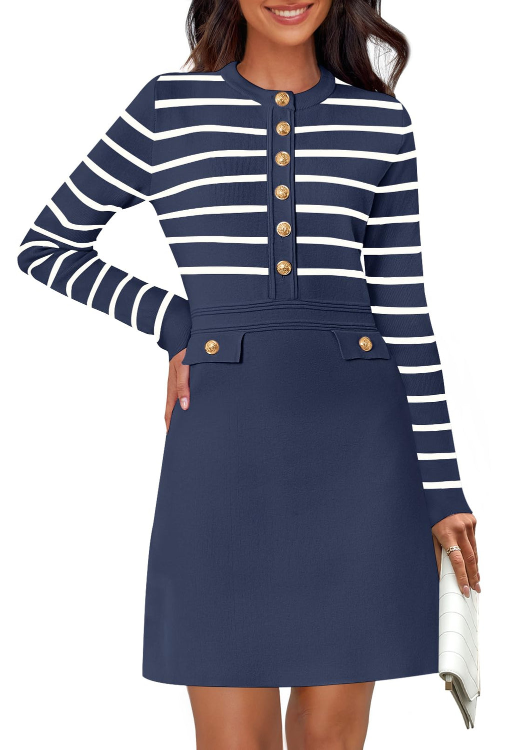 MEROKEETY Womens Long Sleeve Striped Sweater Dress Button Crewneck Fall Bodycon Formal Mini Dresses Navy Small