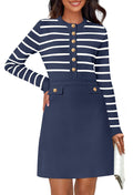 MEROKEETY Womens Long Sleeve Striped Sweater Dress Button Crewneck Fall Bodycon Formal Mini Dresses Navy Small