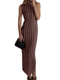 Wenrine Womens Sleeveless Sweater Dress Mock Neck Ribbed Knit Fall Tank Maxi Dresses Brown