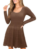 Wenrine Womens Long Sleeve Sweater Dress Knit Crochet Casual A Line Flowy Skater Mini Dresses Brown