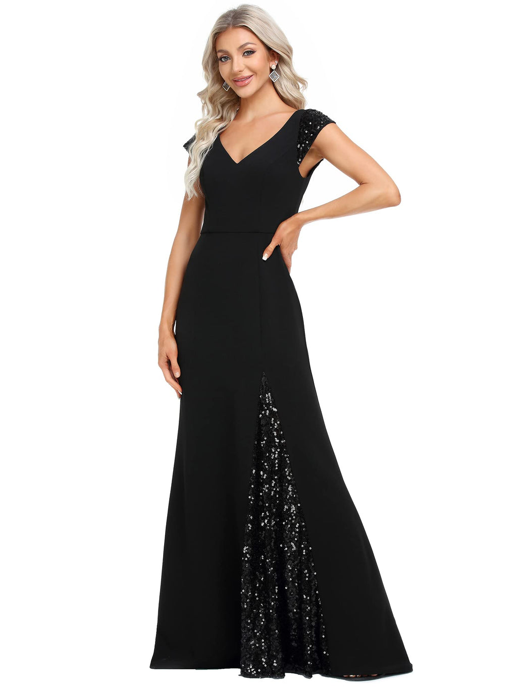 Ever-Pretty Womens Mermaid V Neck Cap Sleeve Fishtail Floor Length Evening Dresses Black US12
