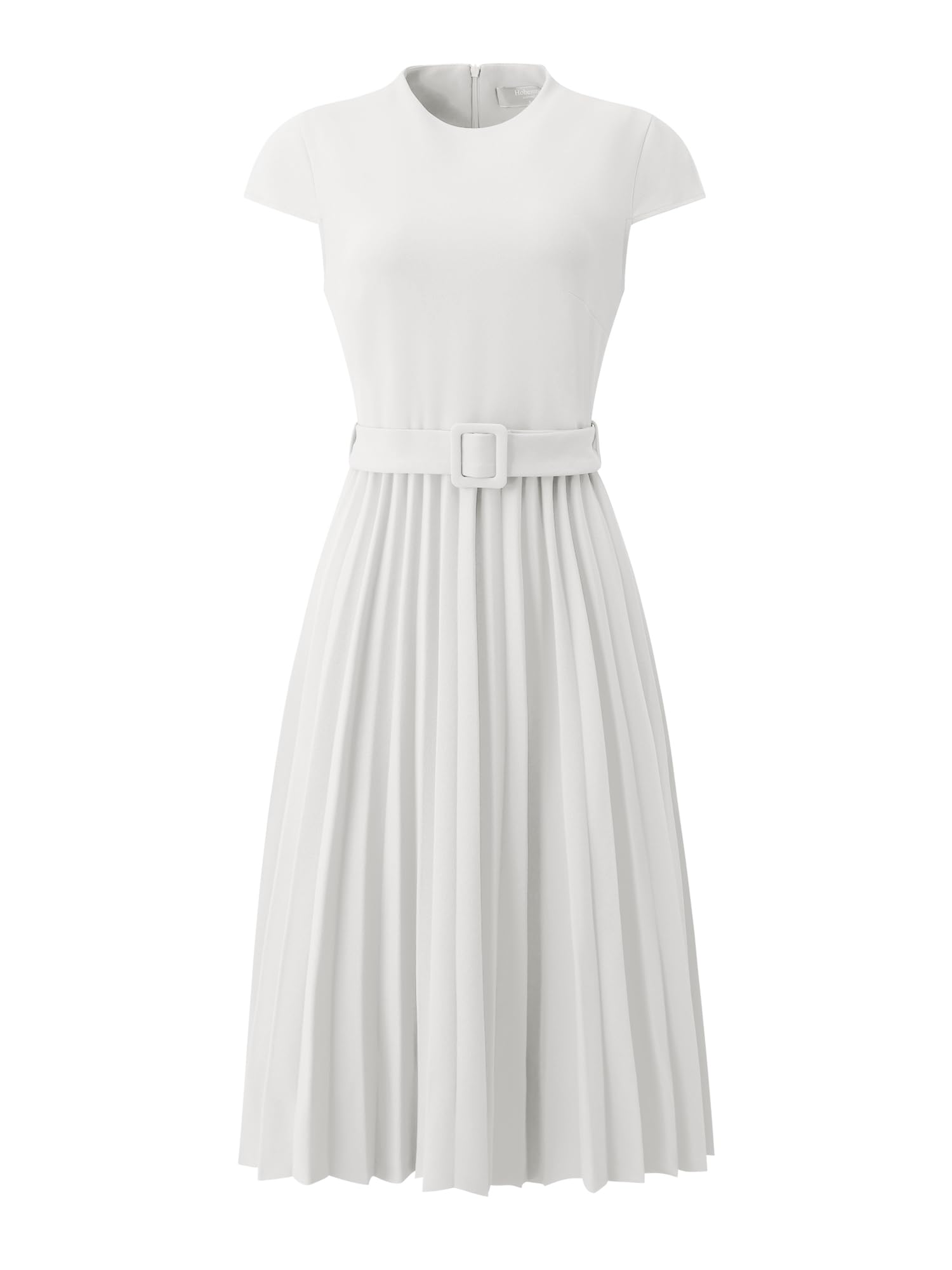 Hobemty Womens Pleated Dress Mock Neck Cap Sleeve Belted A-Line Dresses Medium White