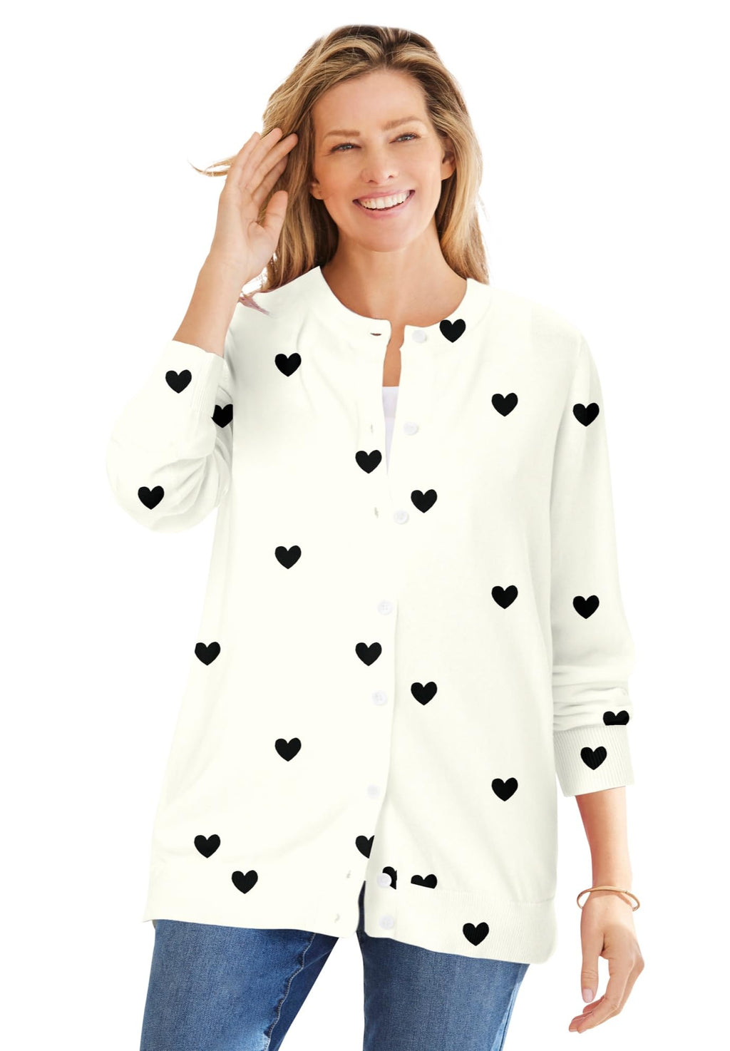 Woman Within Womens Plus Size Perfect Long-Sleeve Cardigan - 1X Ivory Black Heart