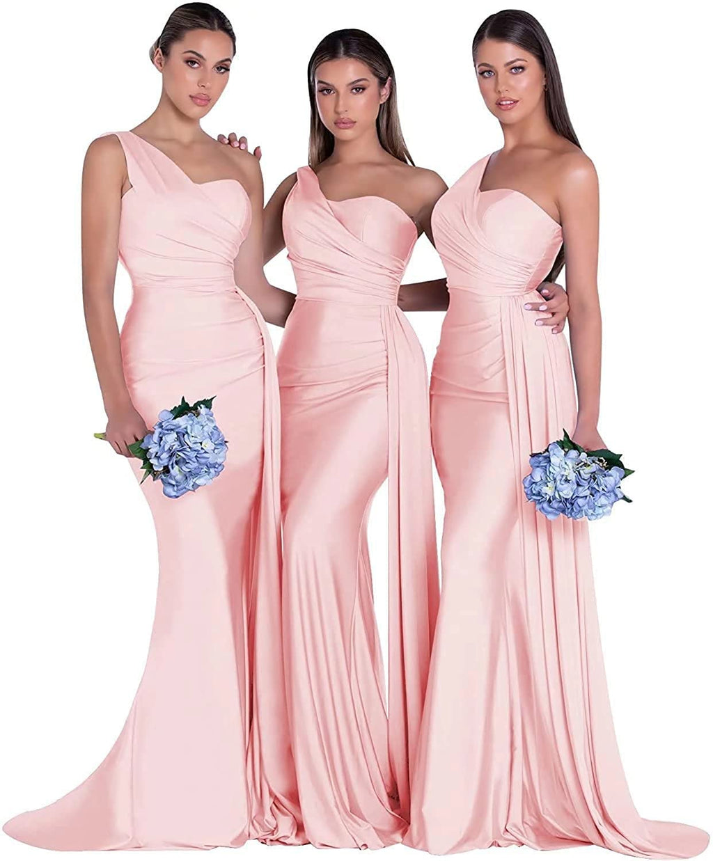 OYI Long One Shoulder Satin Bridesmaid Dresses Mermaid Wrap Formal Dress for Women Evening Pink 0