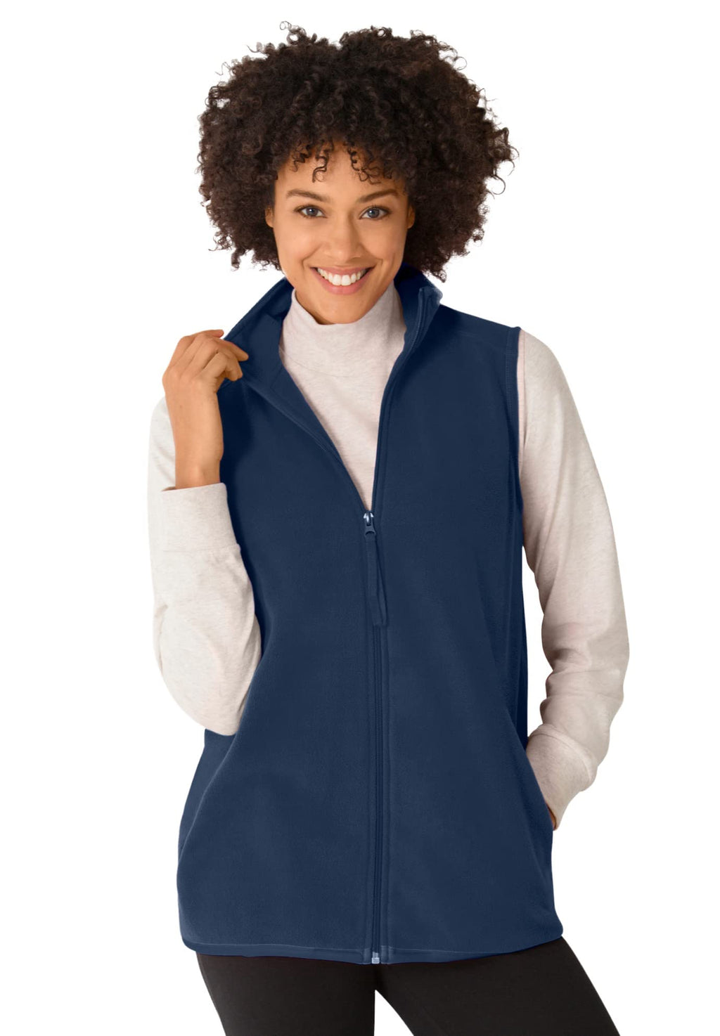 Woman Within Plus Size Zip-Front Microfleece Vest Long Fleece Vest - S Navy