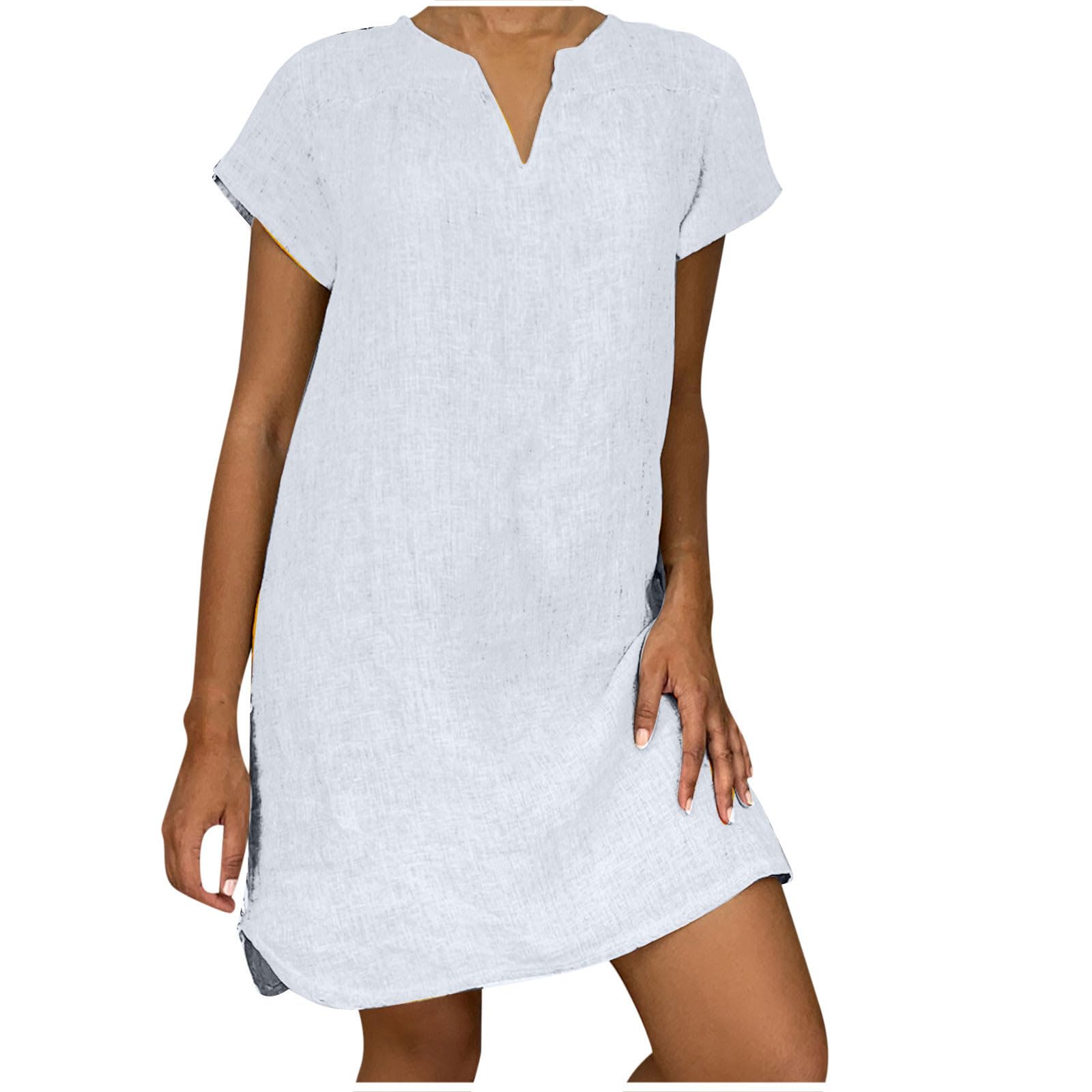 Generic Womens Summer Cotton Linen Dresses Casual V Neck Short Sleeve Midi Dress Floral Embroidery Shirt Dress Plus Size S-5X Deals of The Day 2024 Vacation Sun Dresses Women White R