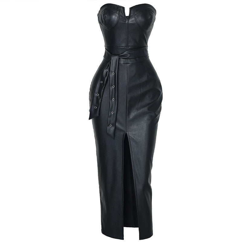 Sexy Nude Back PU Leather Dress
