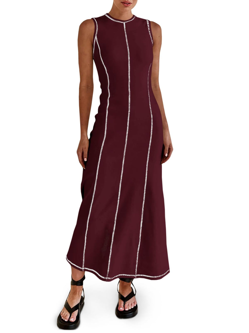 Wenrine Womens Sleeveless T Shirt Dress Summer Contrast Stitch Ribbed Knit Tank Maxi Dresses Burgundy