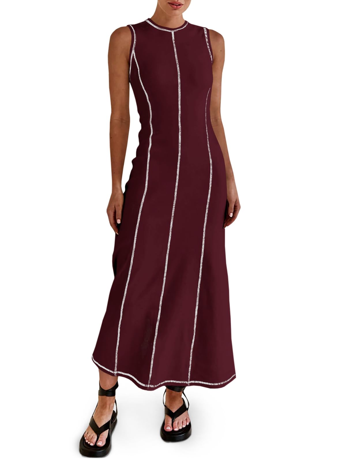 Wenrine Womens Sleeveless T Shirt Dress Summer Contrast Stitch Ribbed Knit Tank Maxi Dresses Burgundy